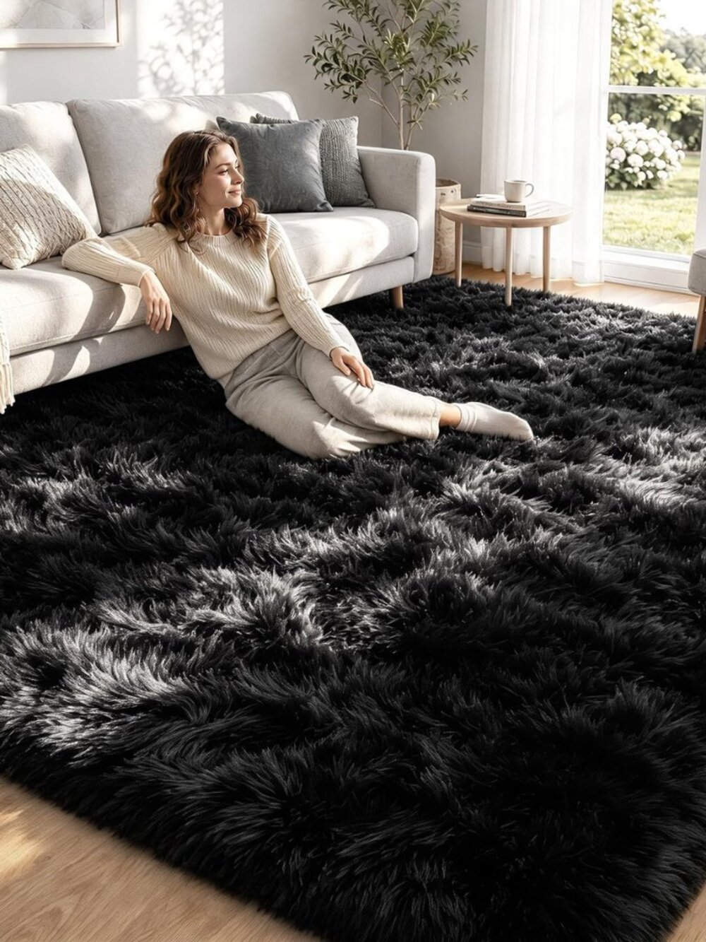 8x10 Area Rugs for Living Room: Soft Black Fluffy Rug Shag Washable Rug Plush